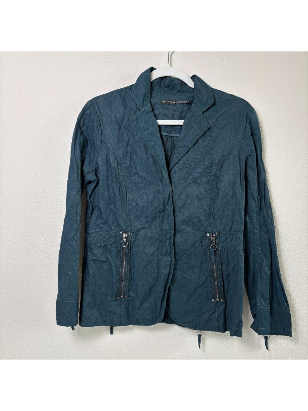 Stella Carakasi Jacket Size XS Blue Snap Front Utility Artsy Zippers Lightweight